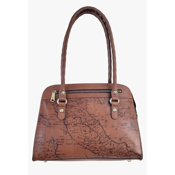 Patricia Nash Riot Rust Leather Calvi Satchel Crossbody Signature Map Brown - Picture 2 of 11